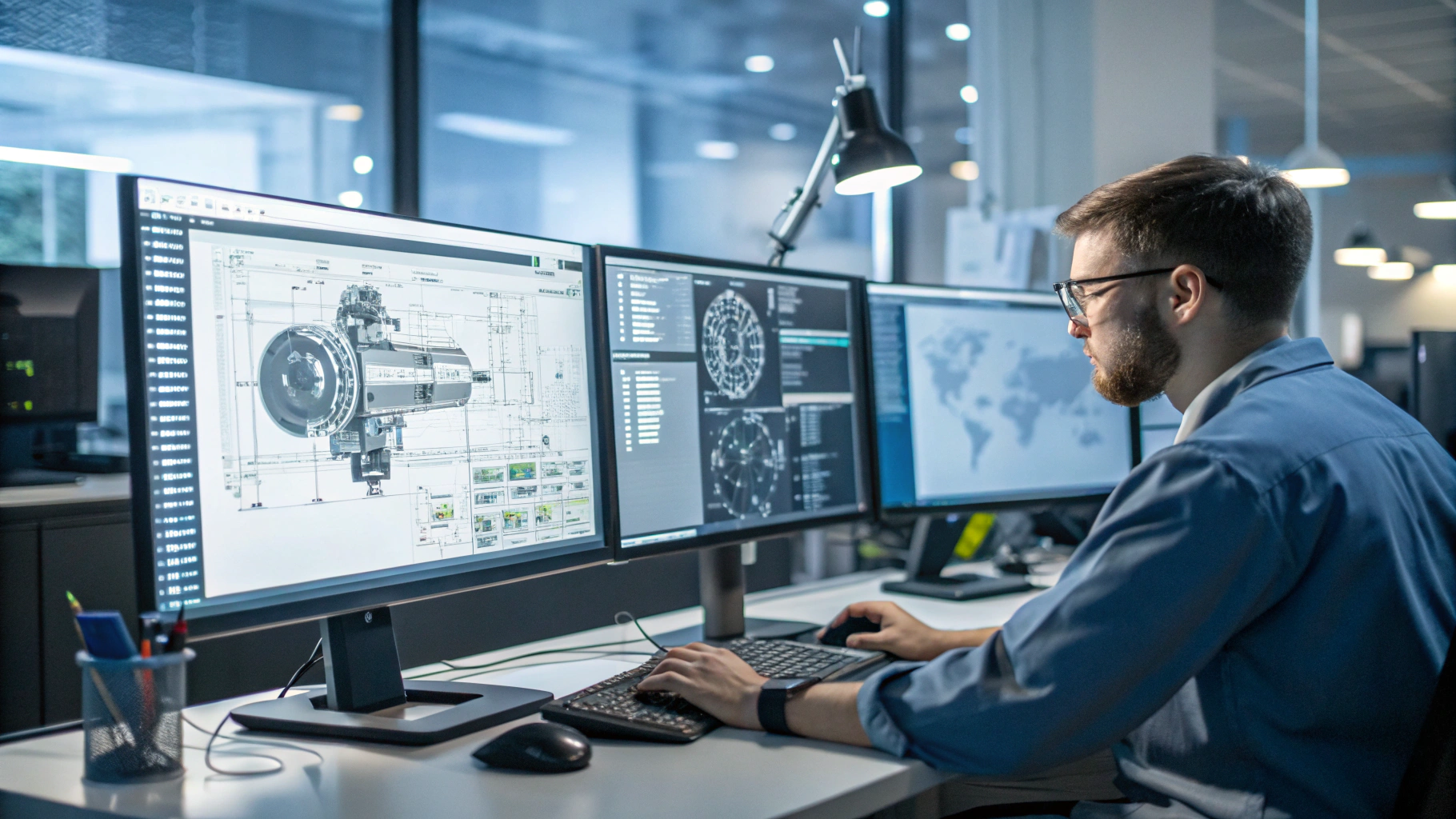 Salazar Engineering workstation with CAD displays and technical drawings