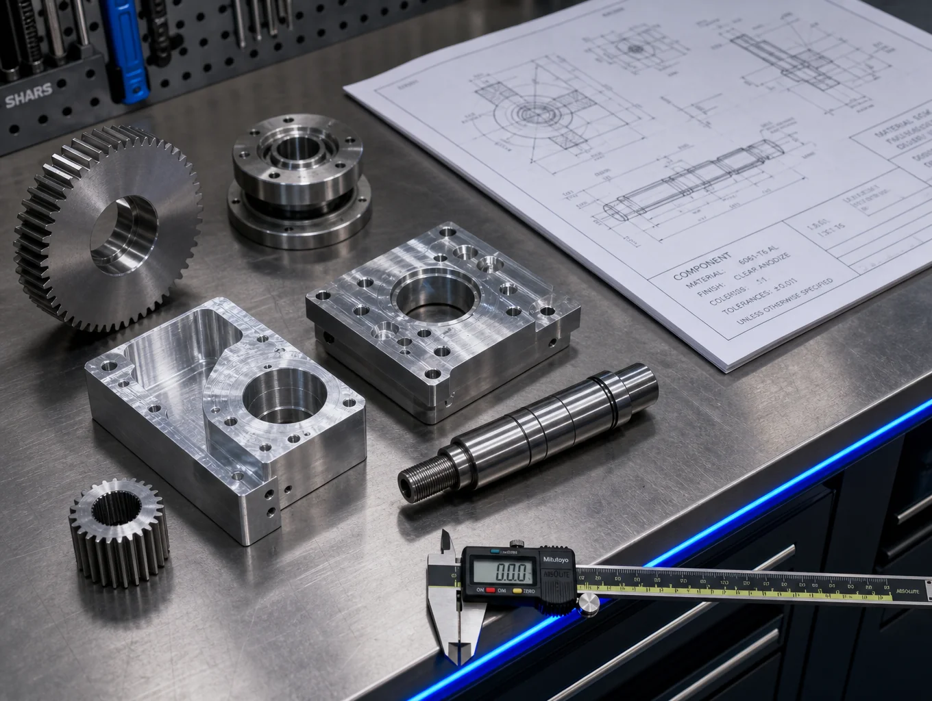 Salazar Engineering workshop workbench with technical engineering drawings and precision machined components